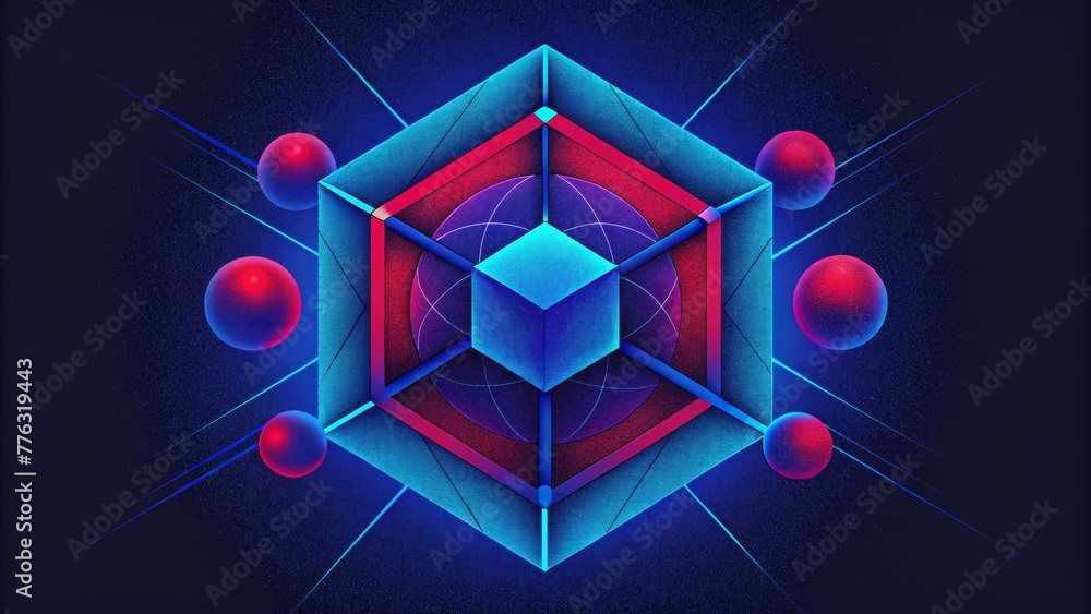 Poster neon blue and red geometric shapes intersecting and overlapping suggesting the intricate communicati