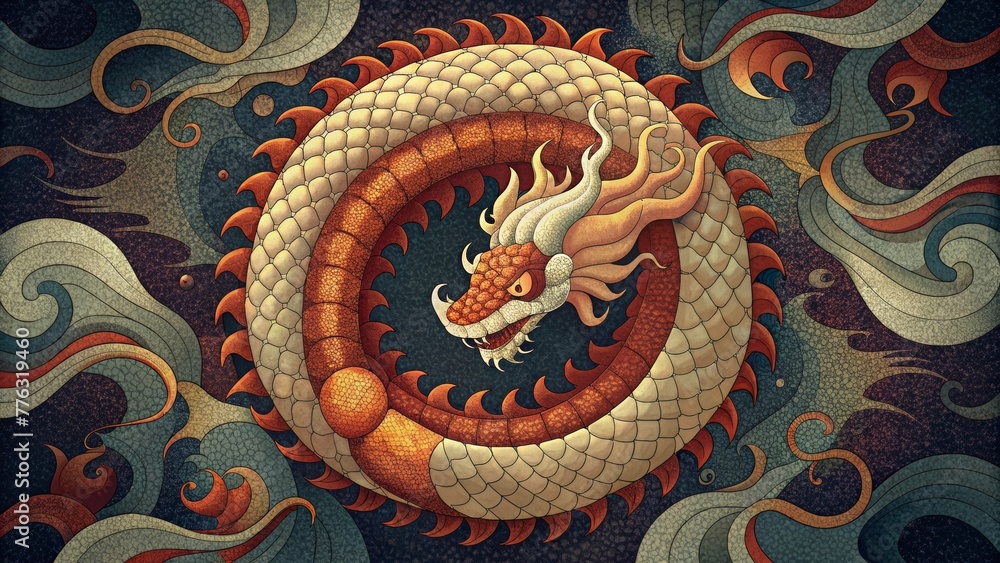 Poster A mesmerizing mosaic pattern inspired by the Chinese legend of the Dragon and the Pearl with swirling motifs and shades of red and gold.