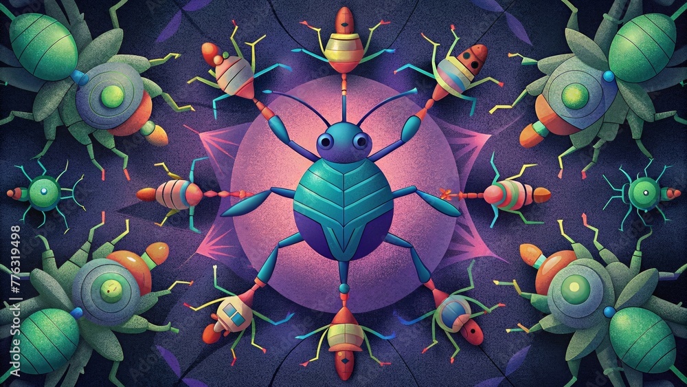 Poster a kaleidoscope of colorful robotic insects swarming around a central core mimicking the behavior of 