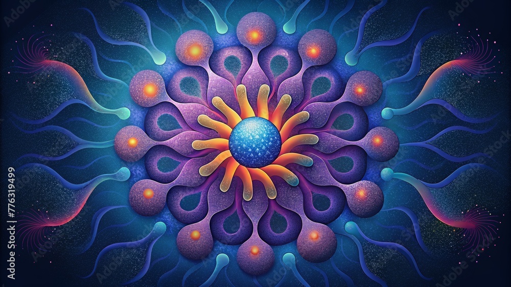Poster brightly colored fractal patterns bursting from a central nucleus mimicking the rapid growth and div
