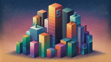 A composition of abstracted highrise buildings constructed from colorful rectangles and squares in a pixelated style.