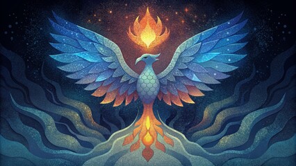 A mystical mosaic illustrating the myth of the Phoenix reborn from its own ashes woven with iridescent glass pieces. - obrazy, fototapety, plakaty