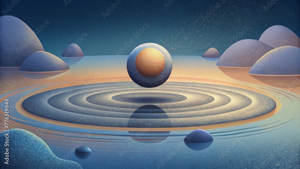 Poster An abstract representation of a stone skipping across a pond with each skip forming a new ripple.