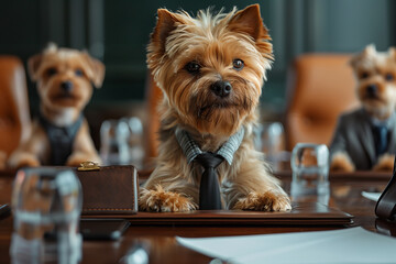 A group of dogs in business clothes are meeting in the office. - obrazy, fototapety, plakaty