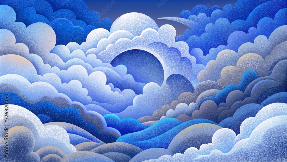 Poster a fluid blend of blues grays and whites creating an intricate dance of abstract cloud formations.