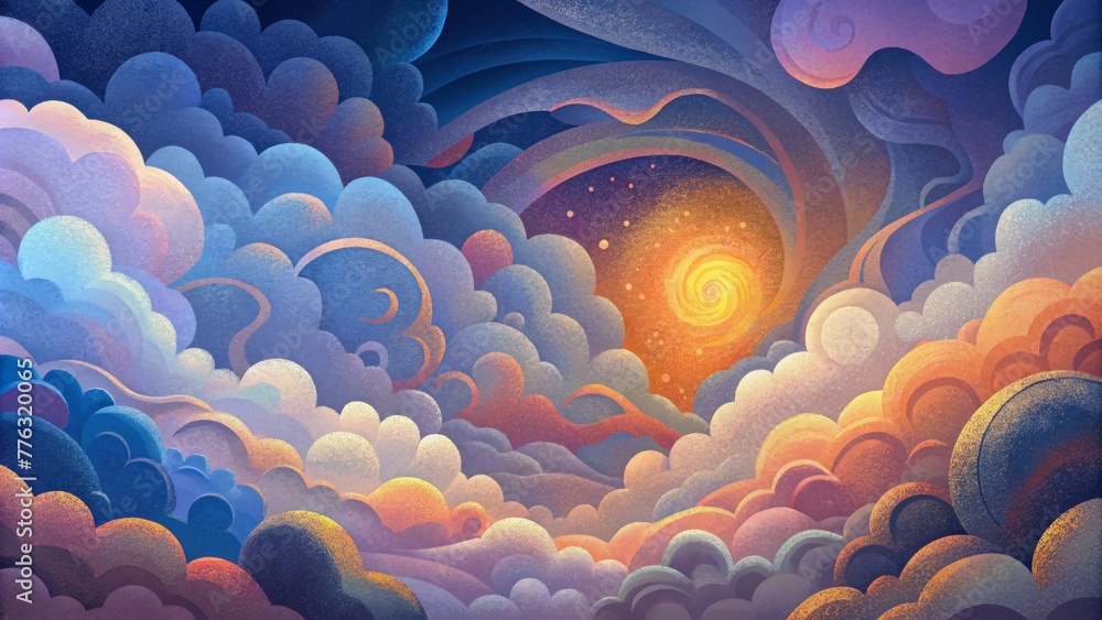 Poster A symphony of colors and shapes swirling and colliding in a chaotic display of a tumultuous sky captured in an abstract cloudscape.