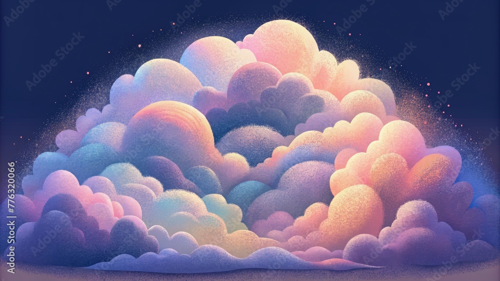 Poster soft wisps of clouds in shades of pastel hues overlaid with sharp bursts of dark colors conveying a 