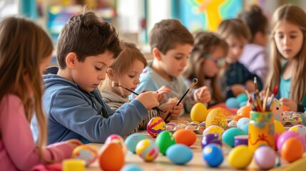 A toddler is sitting at a table happily painting Easter eggs, showcasing his adaptation skills and having fun in a leisure activity. His smile shows he is enjoying the recreation time AIG42E - obrazy, fototapety, plakaty