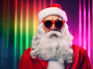 Portrait of a modern elderly Santa Claus with sunglasses and piercing. neon background. Generative AI