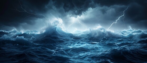 Nature background with lightnings in the dark sky and stormy sea - obrazy, fototapety, plakaty