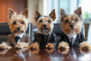 A group of dogs in business clothes are meeting in the office.