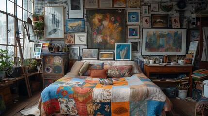Artist's studio bedroom, where creativity and chaos collide in a riot of color and texture. Bed covered in a patchwork quilt and an assortment of throw pillows, with an oversized canvas.