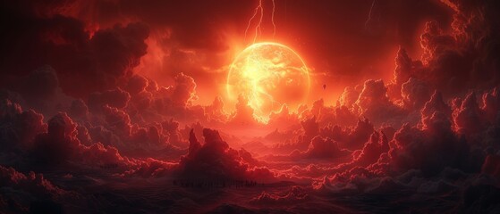 Stunning religious background: hell realm, fiery lightning bolts in apocalyptic skies, judgement day, end of the world, eternal damnation, scary shapes in the dark