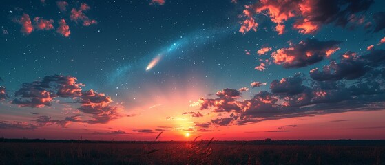 an amazing glowing sunset with a falling comet - a mystical sign appearing in the sky, a crescent moon rising, and stars in the - obrazy, fototapety, plakaty