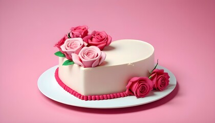 AI generated heartshaped cream pink cake with roses 