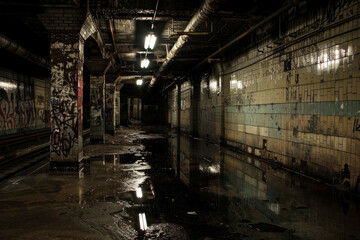 Abandoned subway station with graffiti and reflections on the wet floor