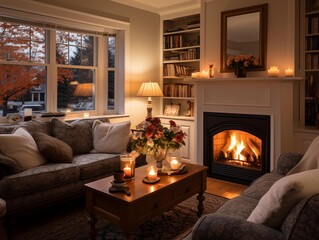 A Cozy Evening by the Fireplace in a Home During Autumn