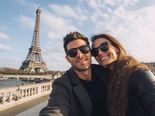 A Couple Takes a Selfie with the Eiffel Tower on a Sunny Day