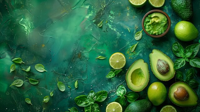 Sliced avocados, lime, basil and guacamole on a blue turquoise table, healthy nutrition, good fat omega-3 recipe concept with empty space for text.