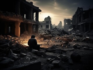 A lone survivor reflects amid the ruins after a catastrophe, at dusk.