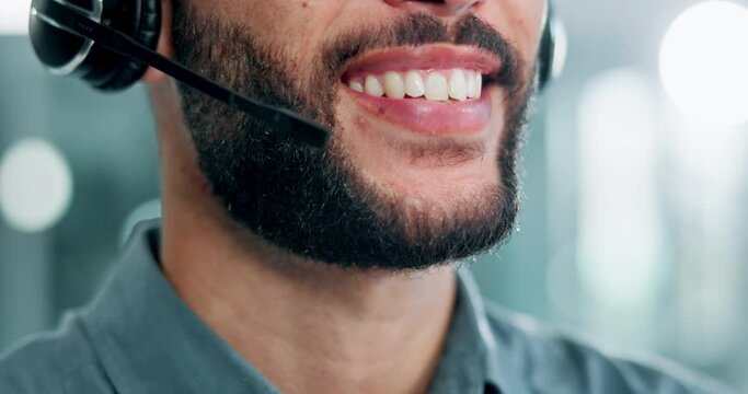 Mouth, mic and headphones at callcenter with man for customer service, phone call and CRM with smile. Communication, contact us and telecom with consultant talking, help desk and tech support closeup