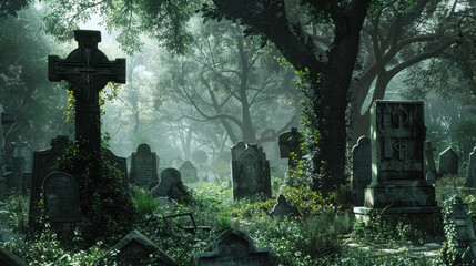 Mystical Cemetery in Foggy Forest - obrazy, fototapety, plakaty