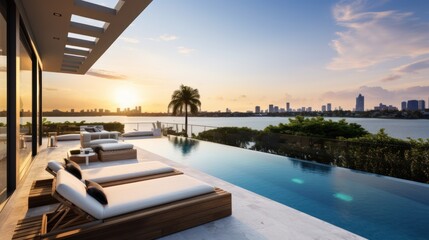 Fototapeta premium Modern villa with a private rooftop infinity pool overlooking the Miami skyline in Florida