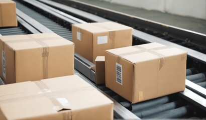 Cardboard boxes on conveyor belt in warehouse. Automatic production line