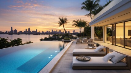 Fototapeta premium Modern villa with a private rooftop infinity pool overlooking the Miami skyline in Florida