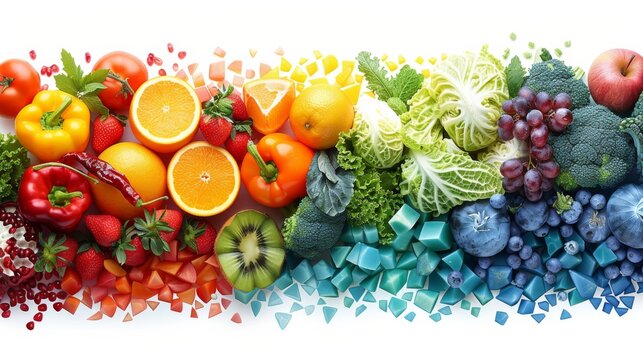 A pile of fruits and vegetables depicted in a 3/4 view, rendered in a faceted geometric polygonal abstract style with bold colors. The image has no background, set against a white backdrop.

