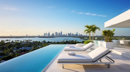 Fototapeta premium Modern villa with a private rooftop infinity pool overlooking the Miami skyline in Florida