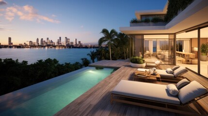 Obraz premium Modern villa with a private rooftop infinity pool overlooking the Miami skyline in Florida