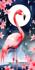 Pink bird flamingo standing in water. Wildlife animal scene in nature. illustration. Generative AI