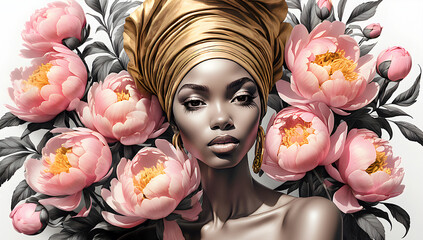 beautiful afro woman in a golden turban and delicate pink peonies	 - 776324640