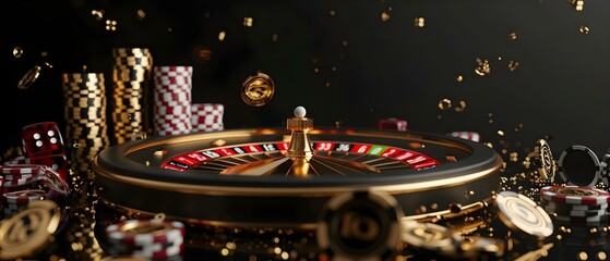 Gold-accented D render of casino cards, poker chips, blackjack, and baccarat. Concept Casino Cards, Poker Chips, Blackjack, Baccarat, Gold Accents, 3D Render