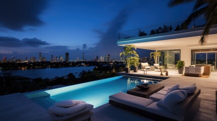 Fototapeta premium Modern villa with a private rooftop infinity pool overlooking the Miami skyline in Florida