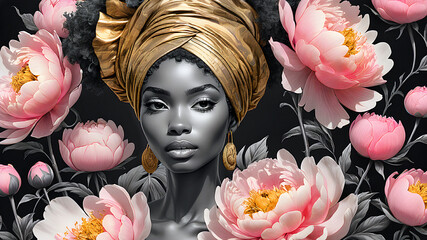 beautiful afro woman in a golden turban and delicate pink peonies	 - 776324678