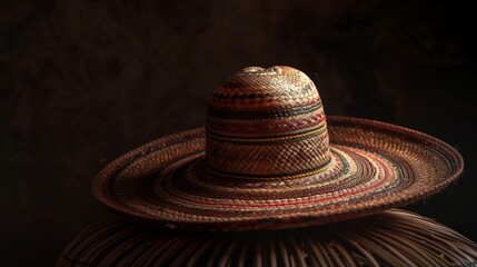 Fototapeta na wymiar A straw mexican sombrero rests on a bamboo basket, creating a picturesque scene of nature meeting fashion. The combination of headgear and wood forms a unique circle of style