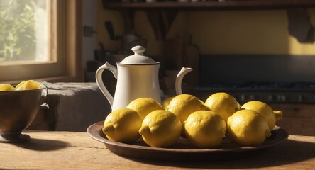Fototapeta na wymiar Cozy rustic kitchen interior with lemon fruits on old wooden table.