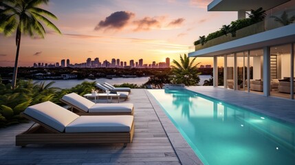 Fototapeta premium Modern villa with a private rooftop infinity pool overlooking the Miami skyline in Florida