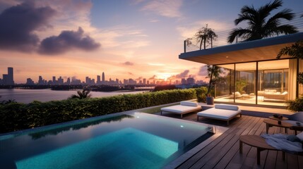 Obraz premium Modern villa with a private rooftop infinity pool overlooking the Miami skyline in Florida