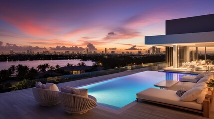 Fototapeta premium Modern villa with a private rooftop infinity pool overlooking the Miami skyline in Florida