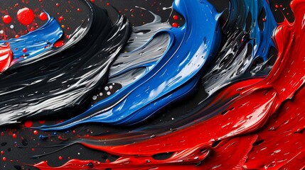 An ultra-realistic acrylic painting featuring distinctive brush strokes depicting an abstract forest and landscape. The artwork showcases shades of blue, grey, black, and bright red, creating a visual