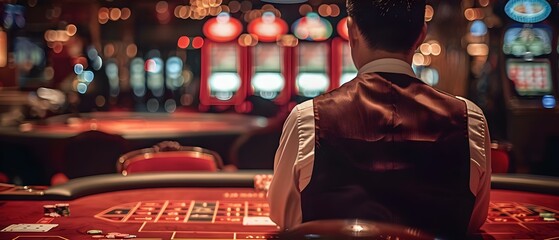 Revealing Winning Cards: Asian Dealer at Baccarat Table in a Casino. Concept Casino Scene, Baccarat Table, Asian Dealer, Winning Cards, Glamorous Ambiance