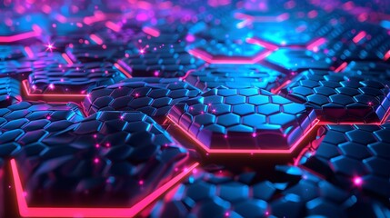 Hexagon tiles with neon lighting in pink and blue. Close-up of abstract digital mosaic. Futuristic Honeycombs. Concept of cutting-edge technology, data processing, and high-tech interface. Backdrop