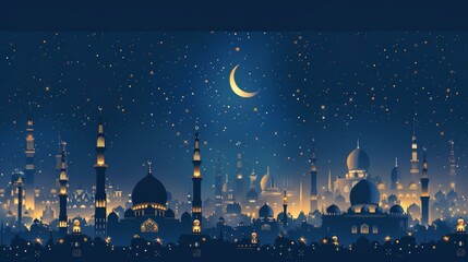A vector greeting card for Ramadan Kareem featuring a mosque against an empty space on a full-color white background. The image includes a crescent moon and follows a minimalistic Islamic style.

