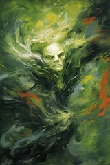 Dark spirit in turbulent green abyss. Sinister entity. In style of oil painting. Metaphorical associative card on theme of chaos. Psychological abstract picture. Postcard, wall decoration