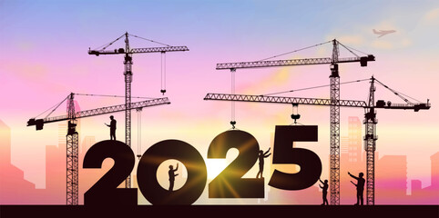Black silhouette staff works as a to prepare to welcome the new year. Large construction site, many construction cranes set numbers 2025. Construction team sets numbers for New Year 2025. Vector.