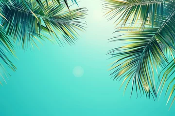 Zelfklevend Fotobehang Summer time background palm tree design and copy space - generative ai © Nia™