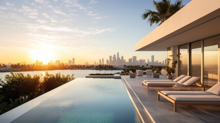 Fototapeta premium Modern villa with a private rooftop infinity pool overlooking the Miami skyline in Florida